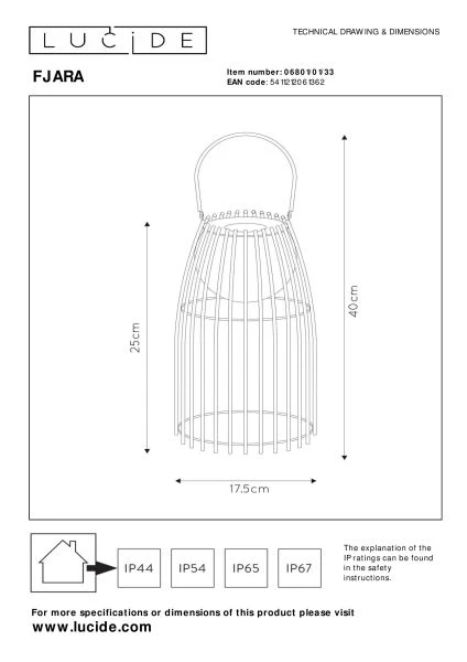 Lucide FJARA - wiederaufladbare Tischlampe Innen/Außen - Akku/Batterie - Ø 17,5 cm - LED Dim to warm - 1x0,3W 2800K/3200K - IP44 - Grün - technisch